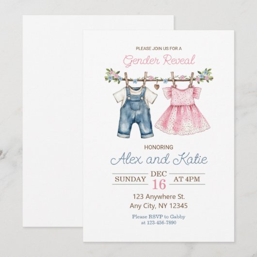 Baby Clothes geslacht onthult bewerkbare uitnodigi Kaart (Voorkant / Achterkant)