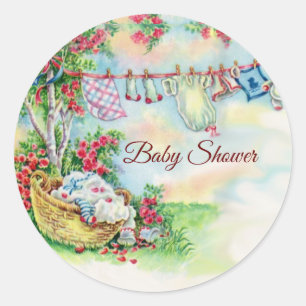BABY CLOTHES HANGING IN STROOMGARDEN Baby shower Ronde Sticker