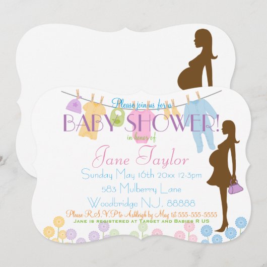 Baby Clothesline en Silhouette Baby shower Kaart (Voorkant / Achterkant)