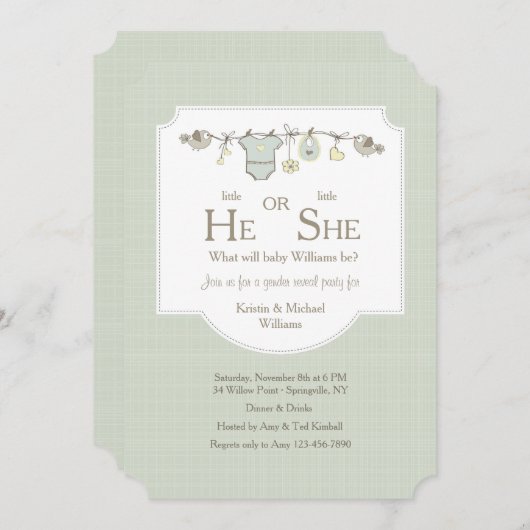 Baby Clothesline Gender onthullen Uitnodigingen (Voorkant / Achterkant)