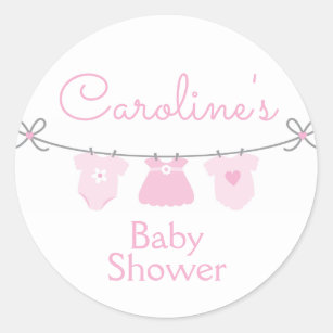 Baby Clothesline Girl Baby shower Sticker, Roze Ronde Sticker