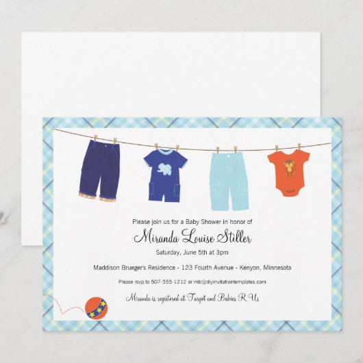 Baby Clothesline Invitation - Boy Kaart (Voorkant / Achterkant)