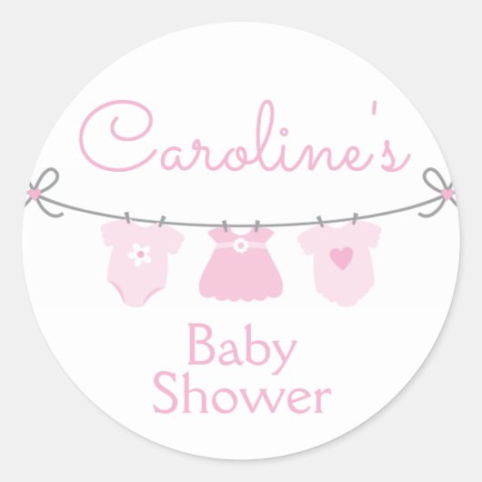 Baby Clothesline Meisje Baby shower Sticker, Roze Ronde Sticker (Voorkant)