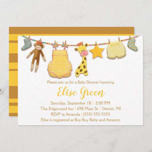 Baby Clothesline Shower-uitnodiging Kaart (Voorkant / Achterkant)