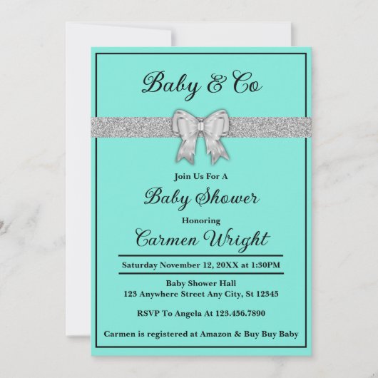 Baby & Co Turquoise & Silver Glitter Baby shower Kaart (Voorkant)