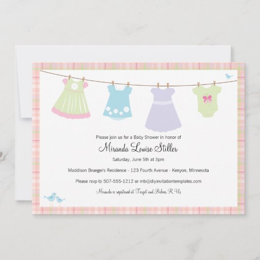 Baby Cothesline (Girl) Shower Invitation Kaart (Voorkant)