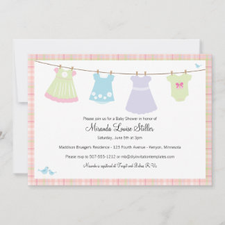 Baby Cothesline (Girl) Shower Invitation Kaart