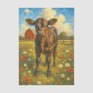 Baby Cow in Pasture Farmhouse Decoupage Paper  Tissuepapier