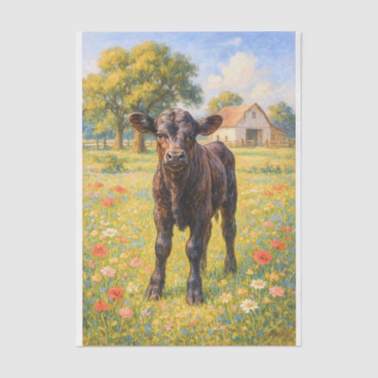 Baby Cow in Pasture Farmhouse Decoupage Paper  Tissuepapier (Voorkant)