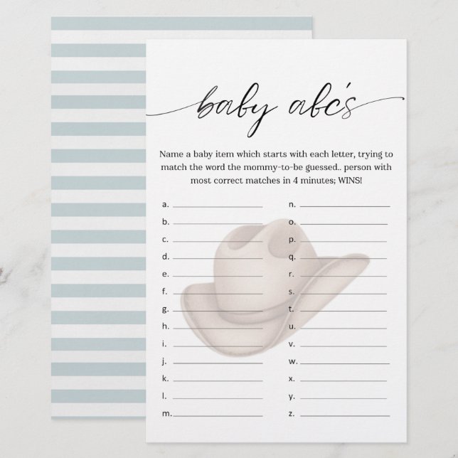 Baby Cowboy ABC Shower Spel met Blauwe (Voorkant / Achterkant)