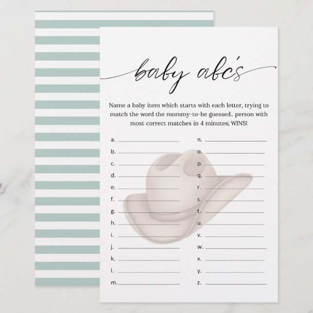 Baby Cowboy ABC Shower Spel met Groen (Voorkant / Achterkant)