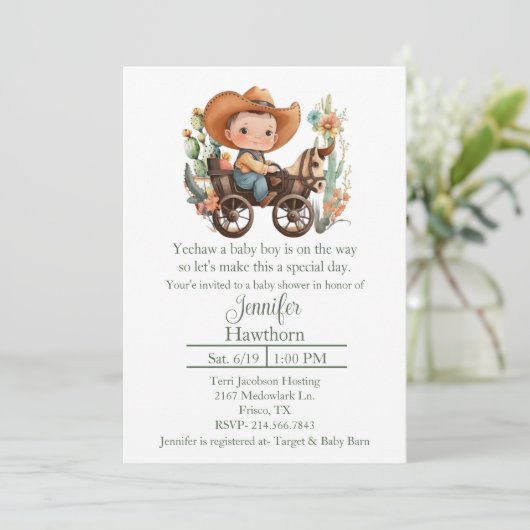 Baby Cowboy Baby shower Invitation Kaart (Staand voorkant)