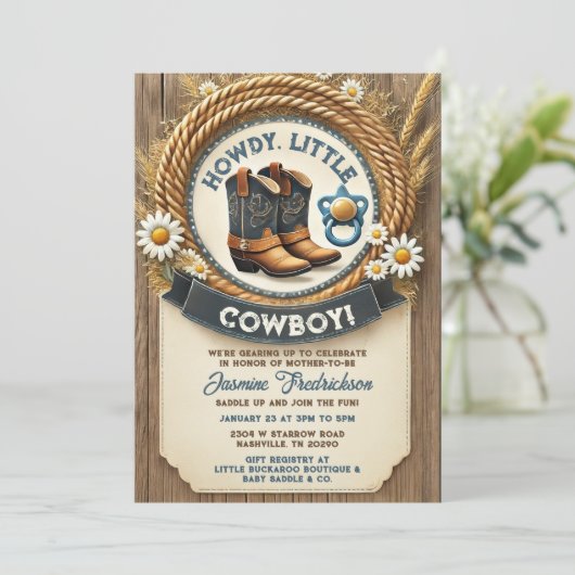 Baby Cowboy Blue Western Baby shower Uitnodiging (Staand voorkant)