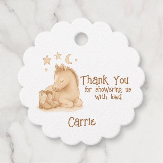 Baby cowboylaarzen en veulen Baby shower bedankt Bedankjes Labels (Voorkant)