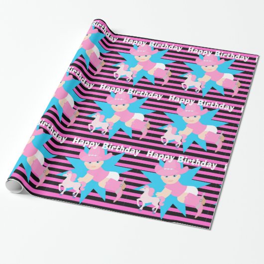 Baby Cowgirl Happy Birthday Cadeaupapier (Uitgerold)