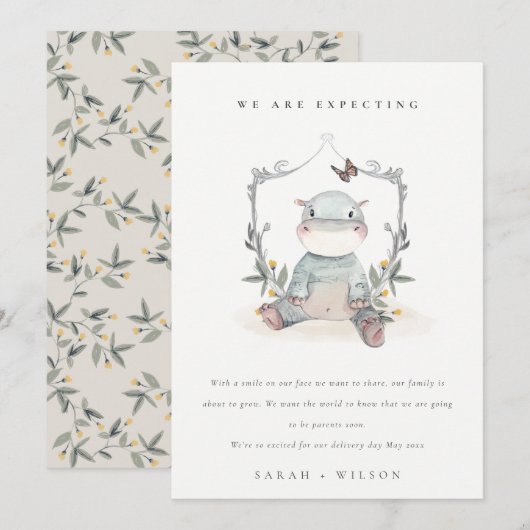 Baby Cute Baby Hippo Foliage Ballon Bedankkaart (Voorkant / Achterkant)