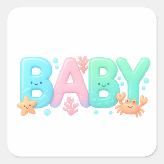 BABY Cute Ocean Pastel Glossy Text Vierkante Sticker (Voorkant)