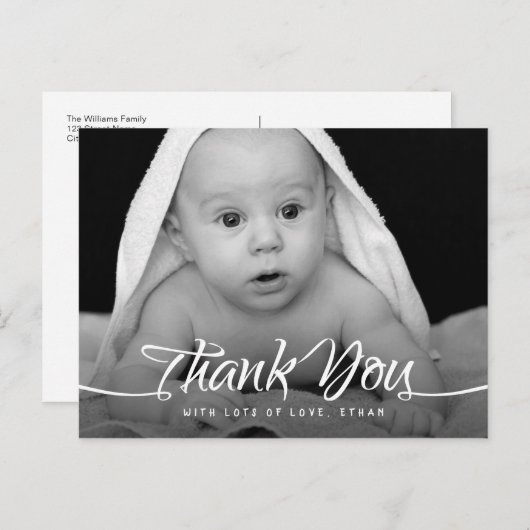 Baby dank u aangepaste foto chique hand script briefkaart (Voorkant / Achterkant)