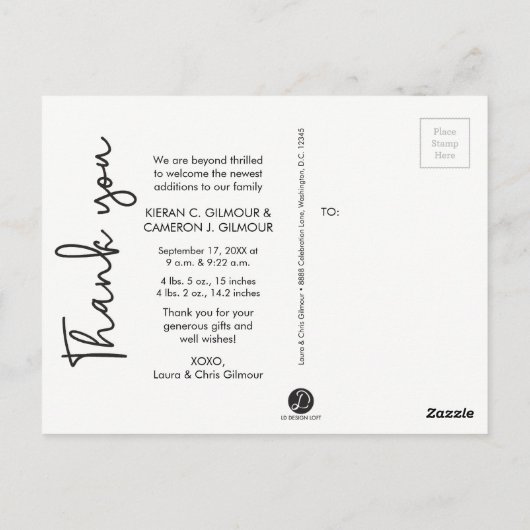 Baby, Dank u, de Aankondiging van de Tweeling van  Briefkaart (Achterkant)