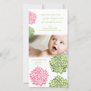 Baby Dankkaart Roze & Groene Dahlia Bloemen Bedankkaart