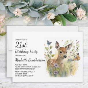 Baby Deer Butterfly Foliage Floral 21st Birthday Kaart