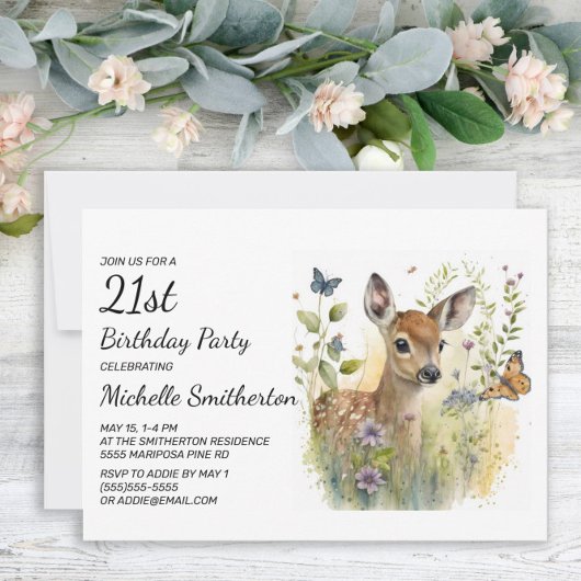 Baby Deer Butterfly Foliage Floral 21st Birthday Kaart