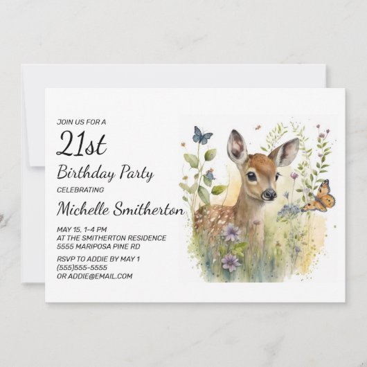 Baby Deer Butterfly Foliage Floral 21st Birthday Kaart (Voorkant)