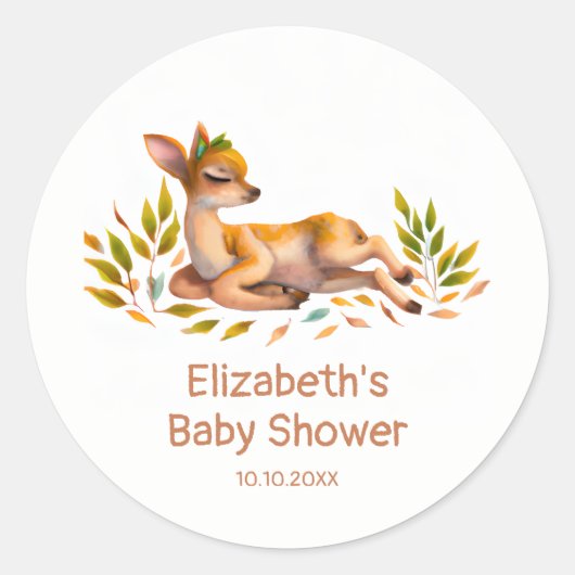 Baby Deer en Foliage Baby shower Ronde Sticker (Voorkant)