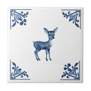 Baby Deer Fawn Delfts Blauw en Witte Hoeken Tegeltje