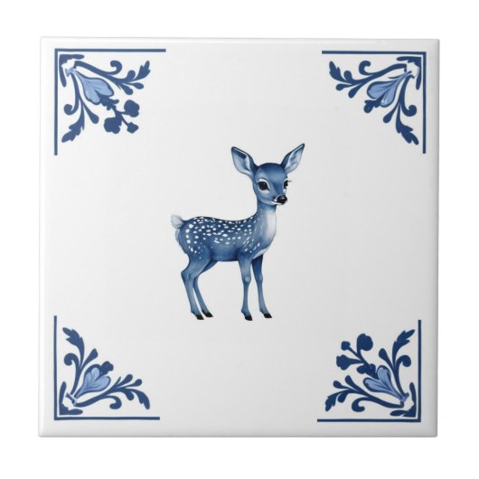 Baby Deer Fawn Delfts Blauw en Witte Hoeken Tegeltje (Voorkant)