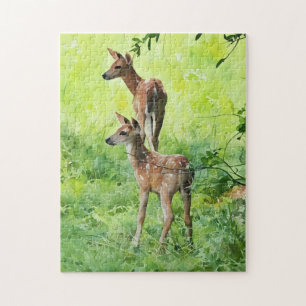 Baby Deer Fawn Twins in Natuur Waterverf Kunst Legpuzzel