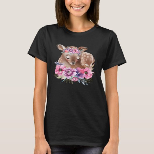 Baby Deer Fawn with Flowers Forest Animals Nature  T-shirt (Voorkant)