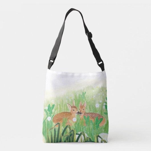 Baby Deer - Fawns in Tall Grass Illustratie Crossbody Tas (Achterkant)