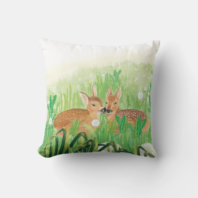 Baby Deer - Fawns in Tall Grass Illustratie Kussen (Voorkant)
