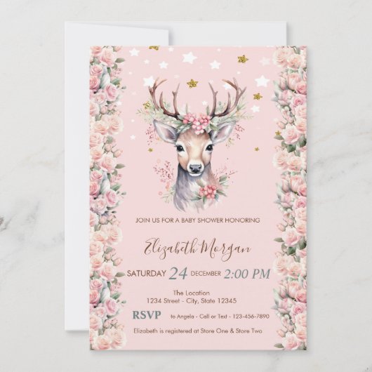 Baby Deer Flowers Holly Berry Stars Baby shower Kaart (Voorkant)