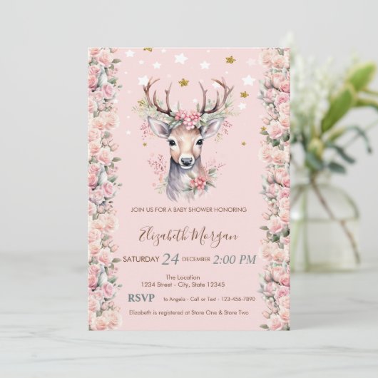 Baby Deer Flowers Holly Berry Stars Baby shower Kaart (Staand voorkant)