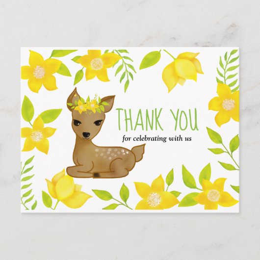 Baby Deer Gele Bloemen | Baby shower dank u Briefkaart (Voorkant)