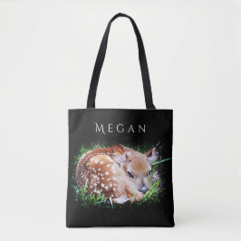 Baby Deer Gepersonaliseerde Aangepaste Naam Zwart Tote Bag