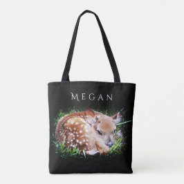 Baby Deer Gepersonaliseerde Aangepaste Naam Zwart Tote Bag