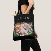 Baby Deer Gepersonaliseerde Aangepaste Naam Zwart Tote Bag (Dichtbij)