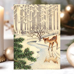 Baby Deer in boskerst Feestdagen Kaart<br><div class="desc">Baby Deer in de boskerstfeestkaart. Dit ontwerp bevat een baby hert in het bos dat naar de reflectie in de beek staart. Wat een mooie retro vakantie scène. Pas dit aangepaste ontwerp aan met uw eigen binnengroet.</div>