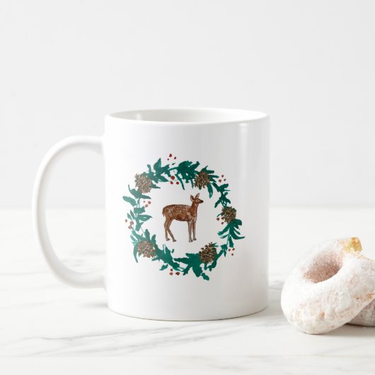 Baby Deer Kerstkrans schilderij Koffiemok (Met donut)