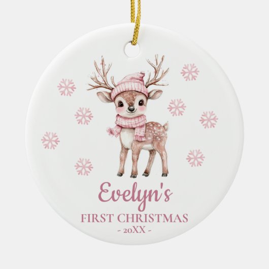 Baby Deer Personalized Girl's First Christmas Keramisch Ornament (Voorkant)