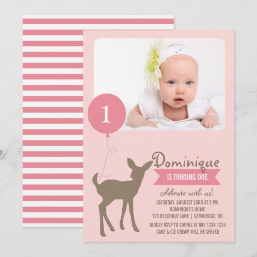 Baby Deer | Roze foto's Kinderen van Birthday Kaart (Voorkant / Achterkant)