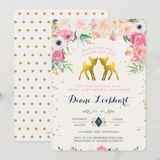 Baby Deer Twin Baby shower Invitation Kaart (Voorkant / Achterkant)