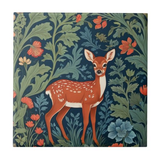 Baby Deer William Morris stijl Rechts geconfrontee Tegeltje (Voorkant)