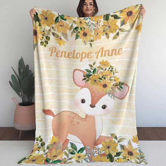 Baby Deer with Sunflower Fleece Blanket met naam Deken