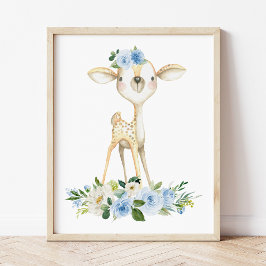 Baby Deer, Woodland Animals, Boho, Blue Flowers Foto Afdruk