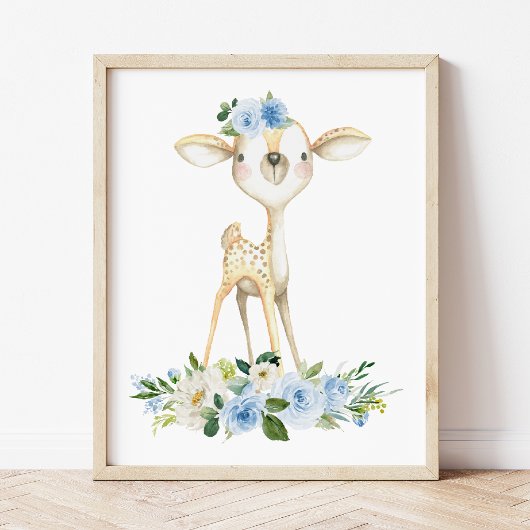 Baby Deer, Woodland Animals, Boho, Blue Flowers Poster