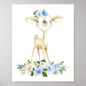Baby Deer, Woodland Animals, Boho, Blue Flowers Poster (Voorkant)